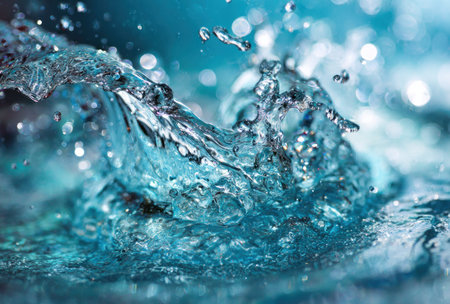 Close-up captures the dynamic splash of water in shades of blue, with focus on the movementの素材