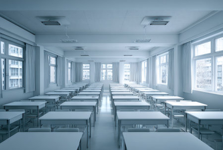 Empty, all-white classroom with rows of desks, windows, and fluorescent lights overheadの素材