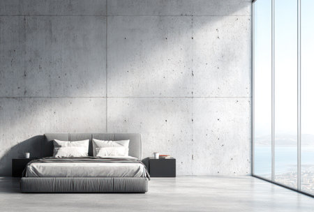 Modern bedroom with bed, concrete wall, large window, and cityscape viewの素材