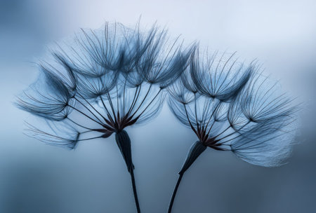 Close-up of two dandelion-like seed heads against a blurred blue and white backgroundの素材