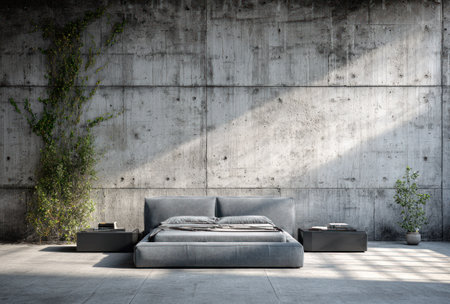 Modern bedroom; a bed sits before a concrete wall, with plants and sunlightの素材