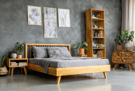 Bedroom with wooden furniture, grey bedding, wall art, and potted plants creating a serene spaceの素材