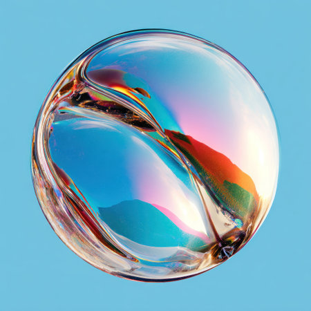A spherical, iridescent bubble floats against a solid, light blue backgroundの素材
