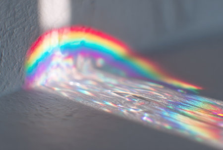 A projected rainbow prism refracts light onto a textured wall and wooden surfaceの素材