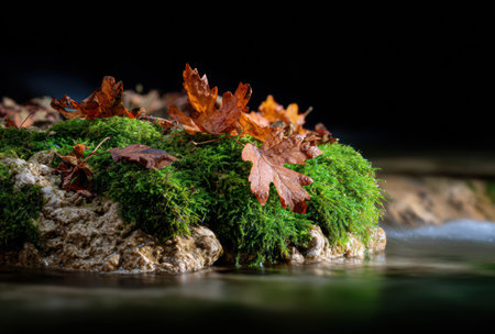 Close-up of moss-covered rock with fallen leaves, partially submerged in clear waterの素材