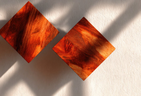 Two ornate, square-shaped wood pieces, casting shadows on a neutral, textured backgroundの素材