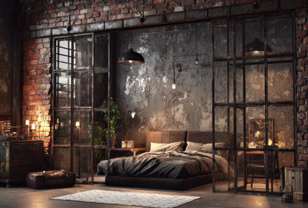 Industrial bedroom with glass panels, brick and concrete, moody lighting, and exposed featuresの素材