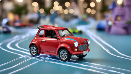 A red toy car is centered on a light-up track with miniature background buildingsの素材