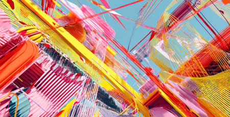 Abstract digital artwork of colorful, interwoven geometric shapes against a light blue backdropの素材