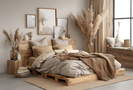 Bedroom featuring a wooden bedframe made from pallets, natural tones, artwork, and decorative plantsの素材
