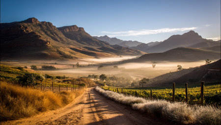Scenic countryside dirt road leads through valleys, vineyards, and mountains under a morning sunの素材