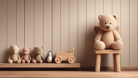 Plush toys and wooden cart displayed on a shelf &amp; a bear sits in a small chairの素材