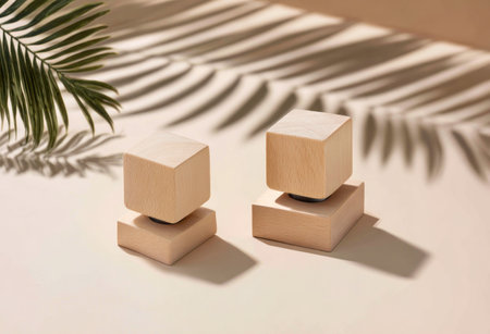 Two wooden block sculptures, one leaf, with shadows, on a beige surfaceの素材