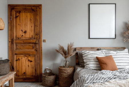 Bedroom with wood door, bed, framed art, rustic decor, neutral tones, cozy, and natural elementsの素材