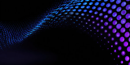 Abstract design with a wave of blue dots fading into purple against a black backgroundの素材