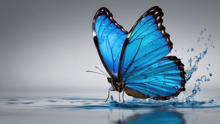 A vibrant blue butterfly landing on water, creating splashes against a soft gray backdropの素材