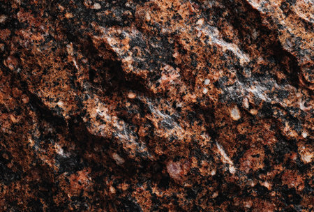 Close-up texture reveals a rough, weathered surface of layered rock with varying colorsの素材