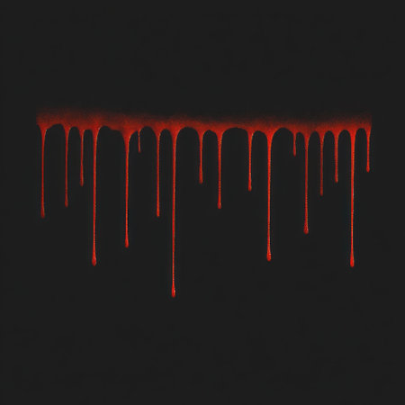 A vivid illustration of red liquid dripping downwards against a deep, dark backgroundの素材