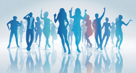 Silhouetted group of people in various poses, dancing on a reflective surfaceの素材