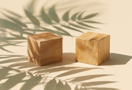 Two wooden cubes on a beige surface, shadowed by green leaves. Natural, minimal aestheticの素材
