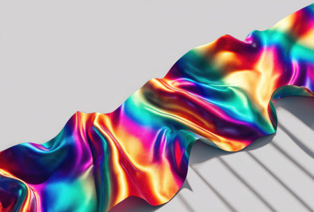 Vibrant, iridescent fabric billowing across a neutral surface, creating shadow effectsの素材