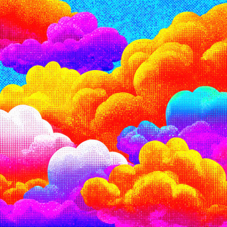 Vivid, textured cloudscape with vibrant colors and a speckled, pixelated qualityの素材