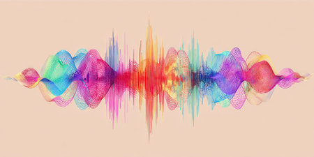 Colorful, undulating soundwave design with vibrant hues against a neutral backgroundの素材