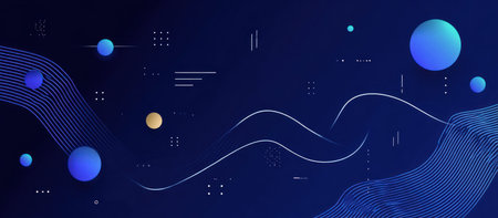 Dark blue digital abstract with gradients, lines, spheres, and geometric detailsの素材