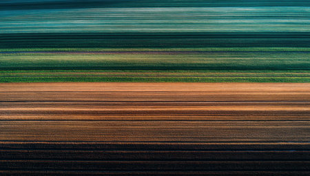 Abstracted landscape of horizontal bands with varying hues of blue, green, and brownの素材