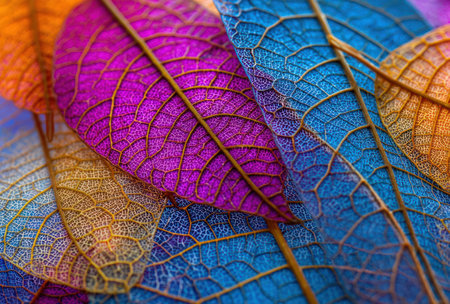 Close-up shot of colorful translucent leaves showcasing intricate vein patterns and vibrant huesの素材