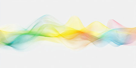 A wavy, colorful gradient on a white backdrop, suggestive of sound or air flowの素材