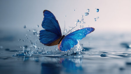 A vibrant blue butterfly touches down on water, creating a splash with blurred dropletsの素材