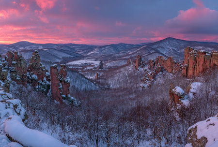 Rocky formations and snow-covered trees bathed in a pink and orange sunset in a mountainous landscapeの素材