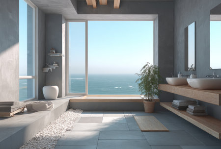 A modern bathroom with ocean view, large window, minimalist design, and potted plantの素材