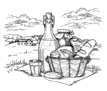 Rural landscape with set of farm food hand drawn sketch illustration. Bottle with milk and fresh homemade bread in basket. Organic nature product, traditional healthy food. Meadow picnicのイラスト素材