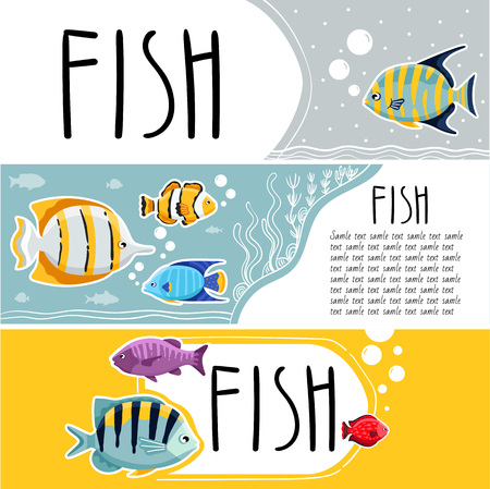 Colorful coral reef tropical fish horizontal flyers illustration. Sea fish concept. Pet shop or oceanarium info poster, advertising banner with space for text. Cartoon aquarium fish.のイラスト素材