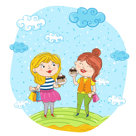 Happy young women cartoon characters illustration. Two girlfriends having fun, smiling, chatting and eating at park. Summer time, holidays, vacation, happy people. Friends having funのイラスト素材