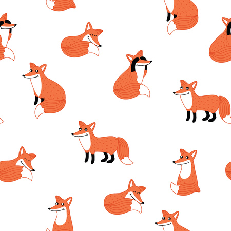 Funny fox hand drawn seamless pattern illustration. Forest animal. Activities fox with different emotions. Joy, happy, humor, greeting, pleasure, surprise, relaxation emotions. Kids backgroundのイラスト素材