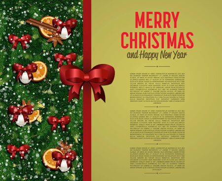 Merry Christmas and Happy New Year greetings vector illustration. Xmas congratulation with snowy christmas tree and holiday decorations. Christmas banner with red ribbon and bow. Happy holidays wishesのイラスト素材