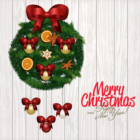 Merry Christmas and Happy New Year greeting card illustration. Xmas congratulation round composition with christmas tree, red bow, orange, cinnamon stick and star anise on woodenのイラスト素材