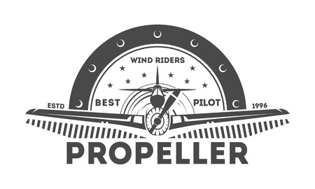 Airplane vintage isolated label vector illustration. Wind riders show and best pilot symbols. Airplane academy and flying club sign. Air travel and plane tours logo. Airplane shool logo templateのイラスト素材