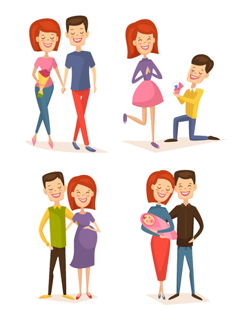 Happy young family couple set isolated vector illustration. Smiling boyfriend and girlfriend being happy, betrothed, marry, become pregnant and have baby. Cheerful young people, lovely family bornのイラスト素材