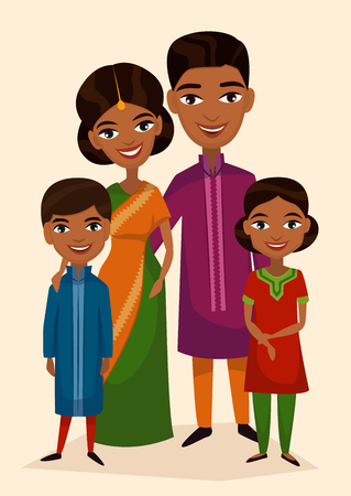 Happy indian family couple with children isolated vector illustration. Husband, wife, daughter and son in national dress. Smiling young people portrait, big happy family with kids standing together.のイラスト素材