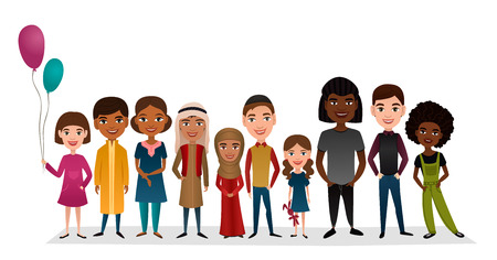 Group of smiling children different nationalities isolated vector illustration. Little boy and girl in national dress cartoon characters. Happy international multicultural kids standing togetherのイラスト素材