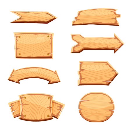 Wooden label set isolated on white background vector illustration. Various shapes wooden sign board for sale, price, discount sticker, banner, badge. Cartoon wooden pointer retro style collectionのイラスト素材