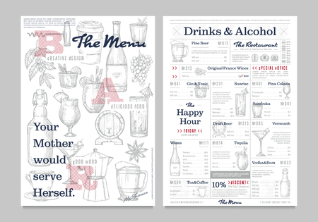 Restaurant or cafe menu vintage design vector illustration. Drinks, cocktail and alcohol brochure, bar or pub with sketches. Corporate identity restaurant menu template with hand drawn graphic.のイラスト素材