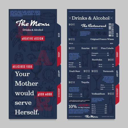 Restaurant or cafe menu vintage design vector illustration. Drinks, cocktail and alcohol brochure, bar or pub with sketches. Corporate identity restaurant menu template with hand drawn graphic.のイラスト素材