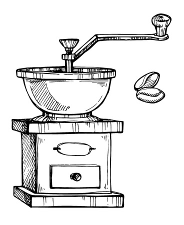 Coffee grinder freehand pencil drawing isolated on white background vector illustration. Retro manual coffee grinder or mill with coffee beans sketch in vintage style. Cafe or restaurant menu design.のイラスト素材