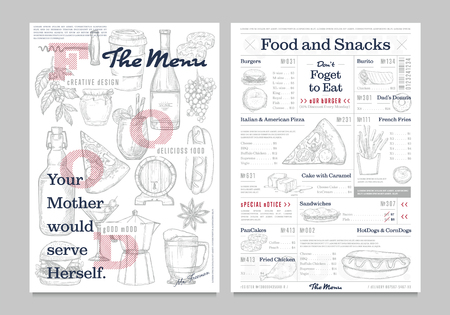 Restaurant or cafe menu vintage design vector illustration. Fast food and snacks brochure, cafe price catalog with food sketches. Corporate identity restaurant menu template with hand drawn graphic.のイラスト素材