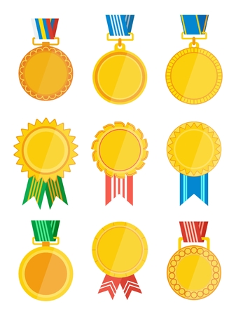 Gold winner badge with ribbon set isolated on white background vector illustration. Winner award label, golden trophy medal, success and victory colorful prize sticker. Gold winner emblem collection.のイラスト素材